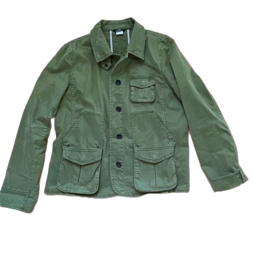 J Crew Utility jacket women’s size large in green with many patch pockets.